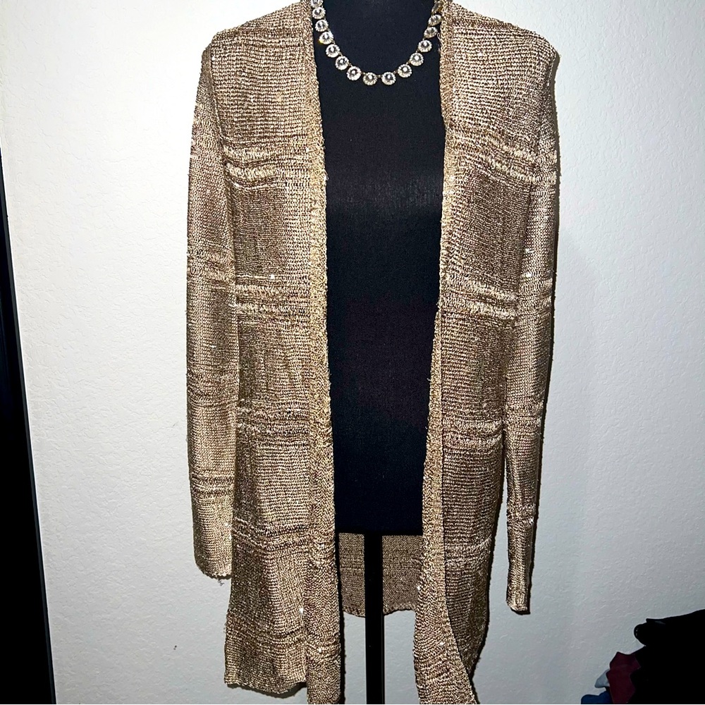 Chico’s traveler collection gold sequin knit cardigan
